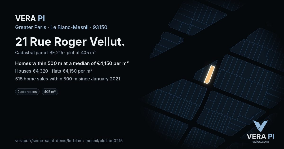 21 Rue Roger Vellut, Le Blanc-Mesnil at night – the plot lit, the parcels around coloured by the prices near them