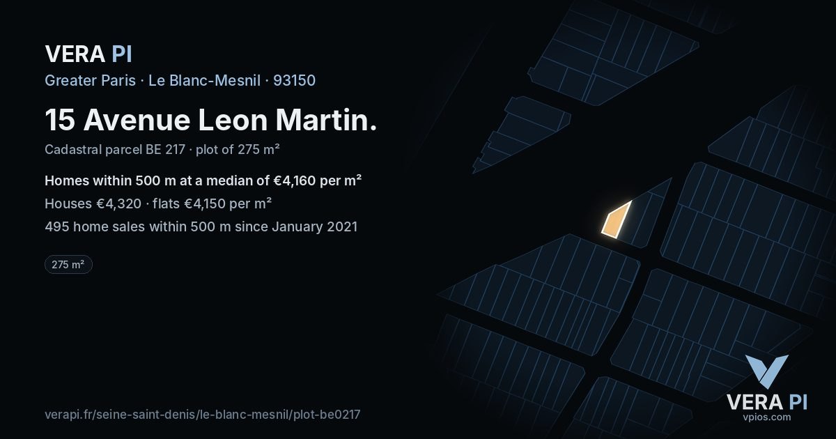 15 Avenue Leon Martin, Le Blanc-Mesnil at night – the plot lit, the parcels around coloured by the prices near them