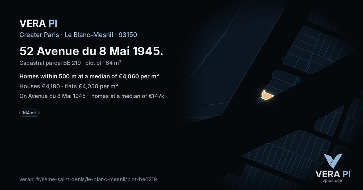 52 Avenue du 8 Mai 1945, Le Blanc-Mesnil at night – the plot lit, the parcels around coloured by the prices near them