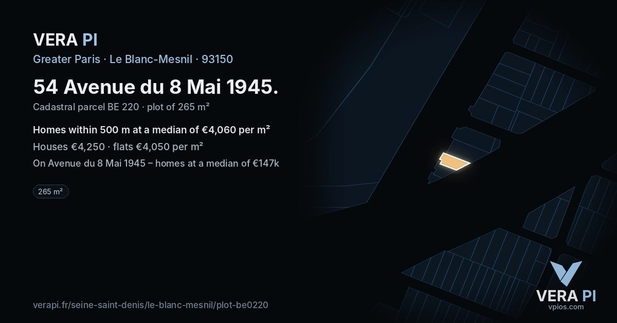 54 Avenue du 8 Mai 1945, Le Blanc-Mesnil at night – the plot lit, the parcels around coloured by the prices near them