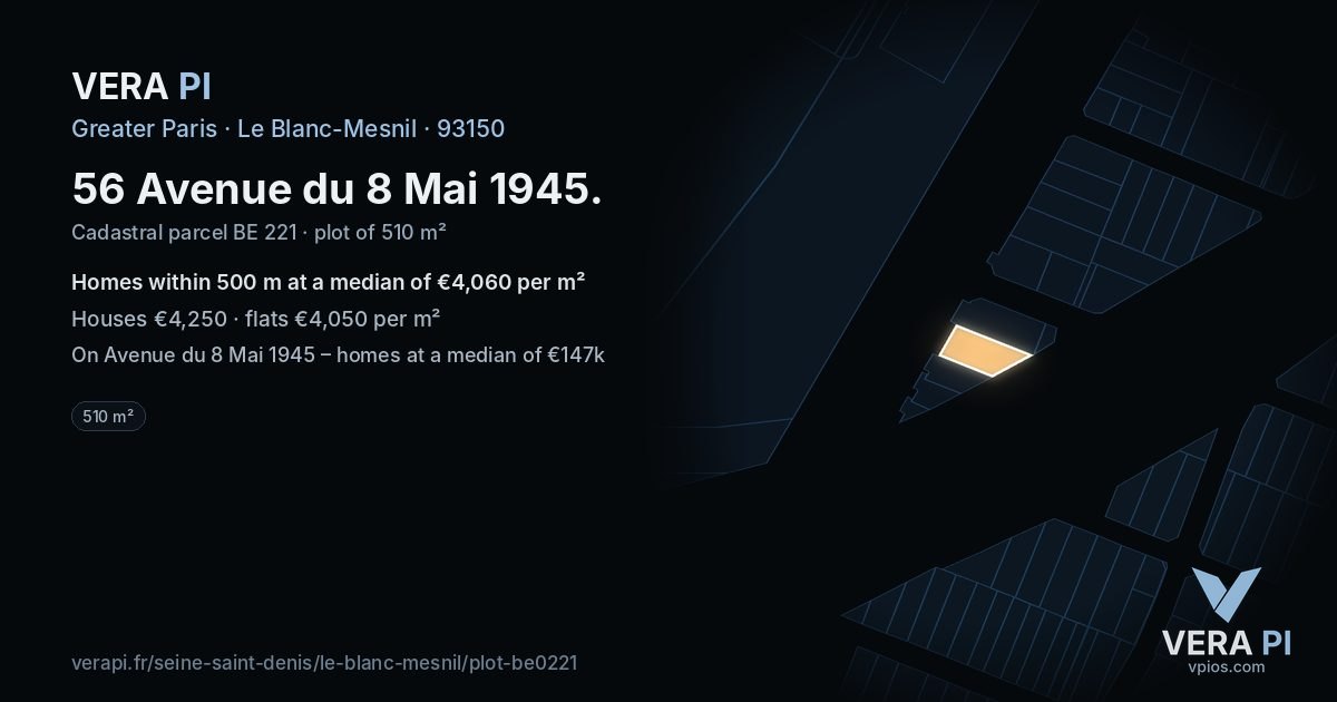 56 Avenue du 8 Mai 1945, Le Blanc-Mesnil at night – the plot lit, the parcels around coloured by the prices near them