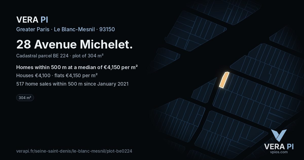28 Avenue Michelet, Le Blanc-Mesnil at night – the plot lit, the parcels around coloured by the prices near them