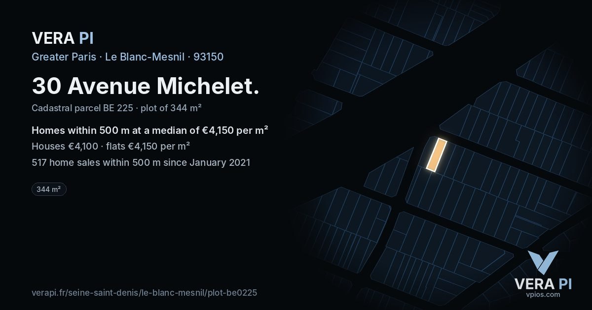 30 Avenue Michelet, Le Blanc-Mesnil at night – the plot lit, the parcels around coloured by the prices near them