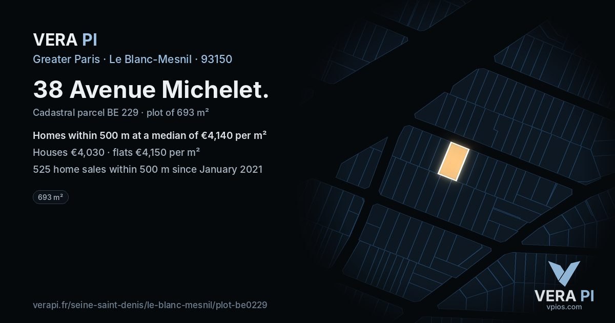 38 Avenue Michelet, Le Blanc-Mesnil at night – the plot lit, the parcels around coloured by the prices near them