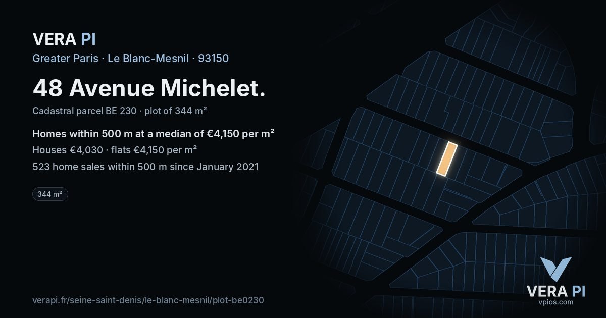 48 Avenue Michelet, Le Blanc-Mesnil at night – the plot lit, the parcels around coloured by the prices near them