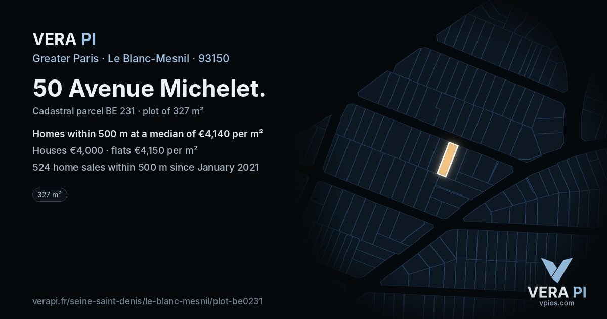 50 Avenue Michelet, Le Blanc-Mesnil at night – the plot lit, the parcels around coloured by the prices near them