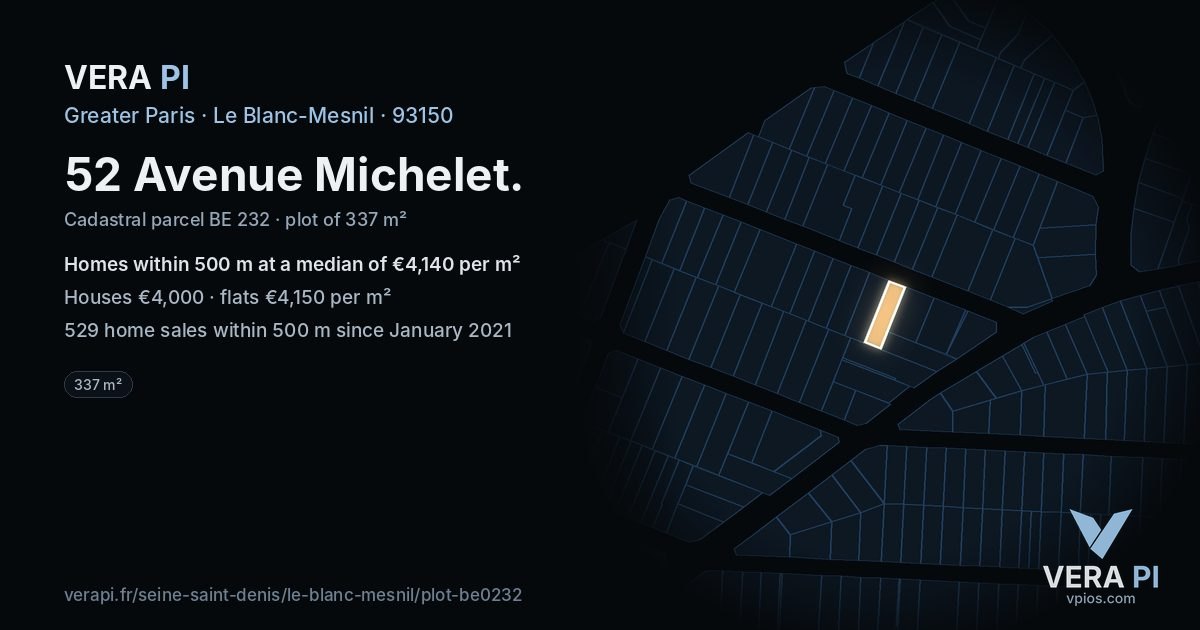52 Avenue Michelet, Le Blanc-Mesnil at night – the plot lit, the parcels around coloured by the prices near them