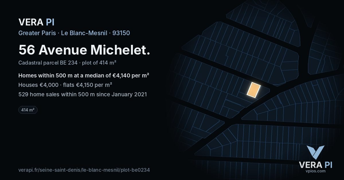 56 Avenue Michelet, Le Blanc-Mesnil at night – the plot lit, the parcels around coloured by the prices near them