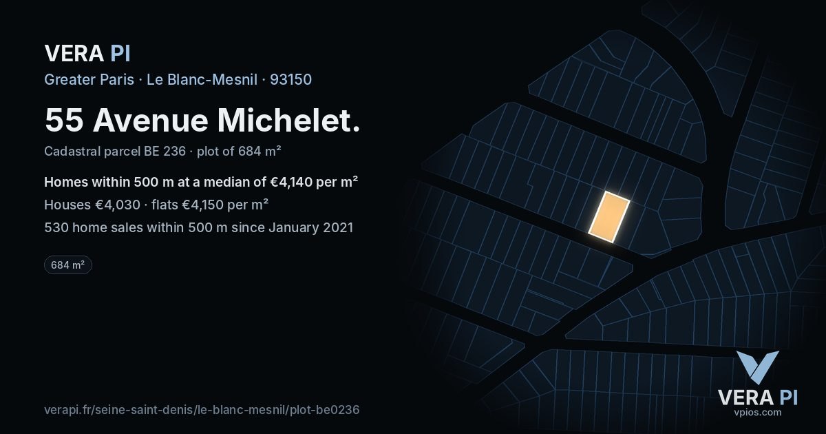 55 Avenue Michelet, Le Blanc-Mesnil at night – the plot lit, the parcels around coloured by the prices near them