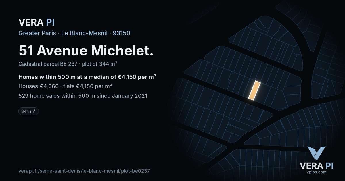 51 Avenue Michelet, Le Blanc-Mesnil at night – the plot lit, the parcels around coloured by the prices near them