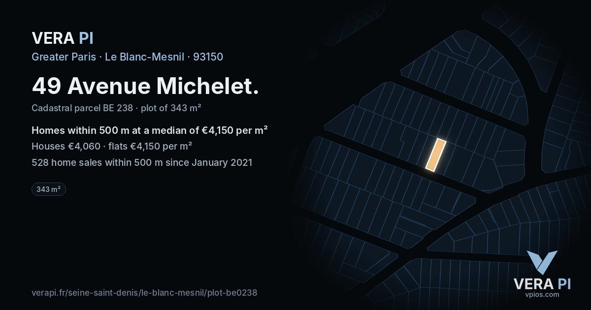 49 Avenue Michelet, Le Blanc-Mesnil at night – the plot lit, the parcels around coloured by the prices near them