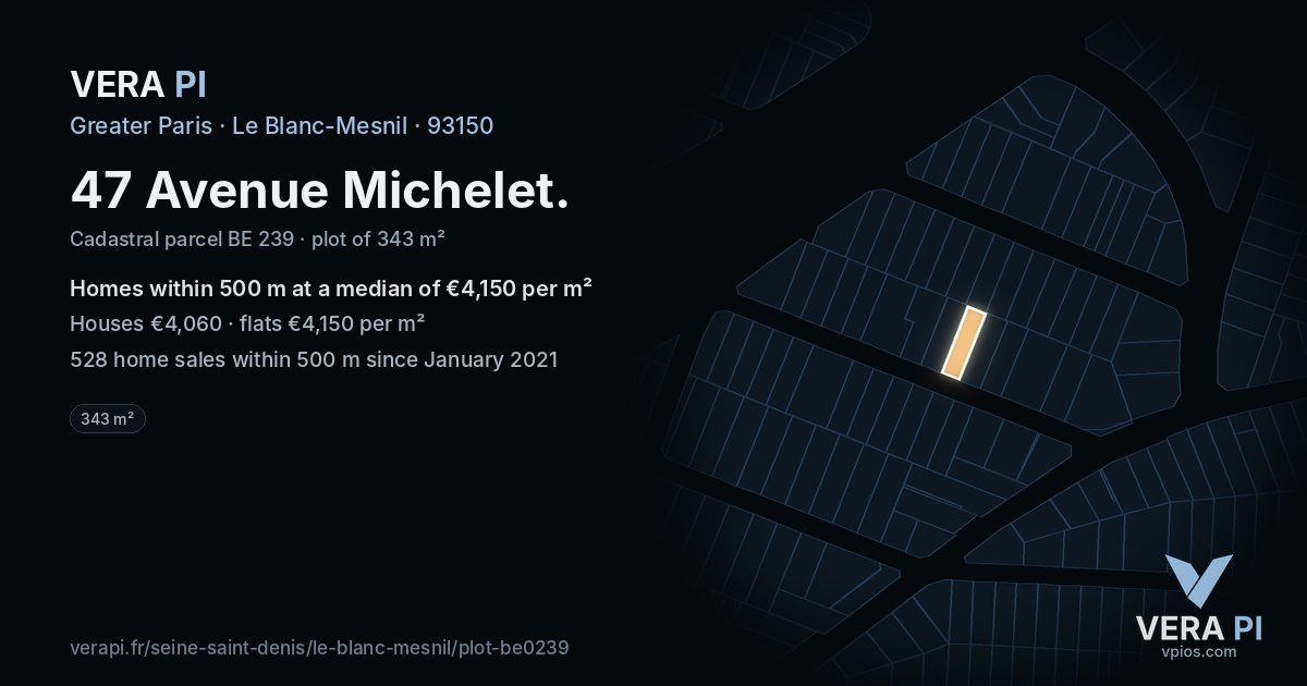 47 Avenue Michelet, Le Blanc-Mesnil at night – the plot lit, the parcels around coloured by the prices near them