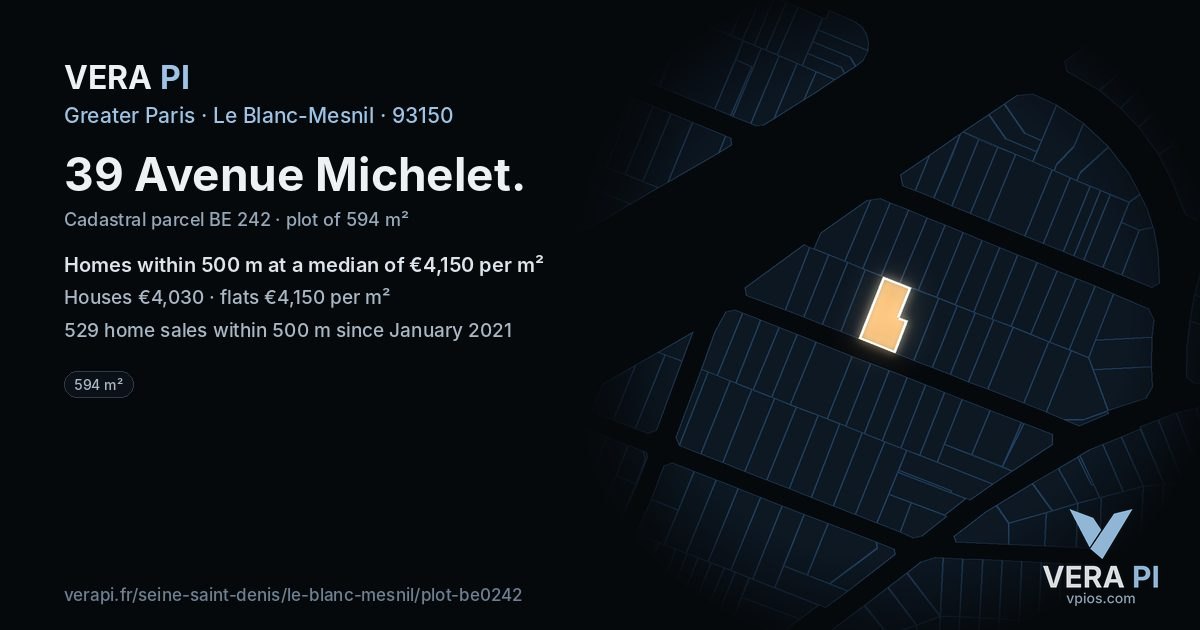 39 Avenue Michelet, Le Blanc-Mesnil at night – the plot lit, the parcels around coloured by the prices near them