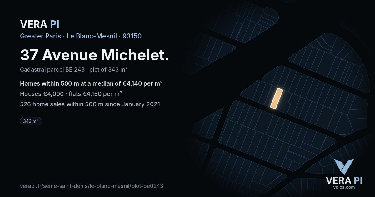 37 Avenue Michelet, Le Blanc-Mesnil at night – the plot lit, the parcels around coloured by the prices near them