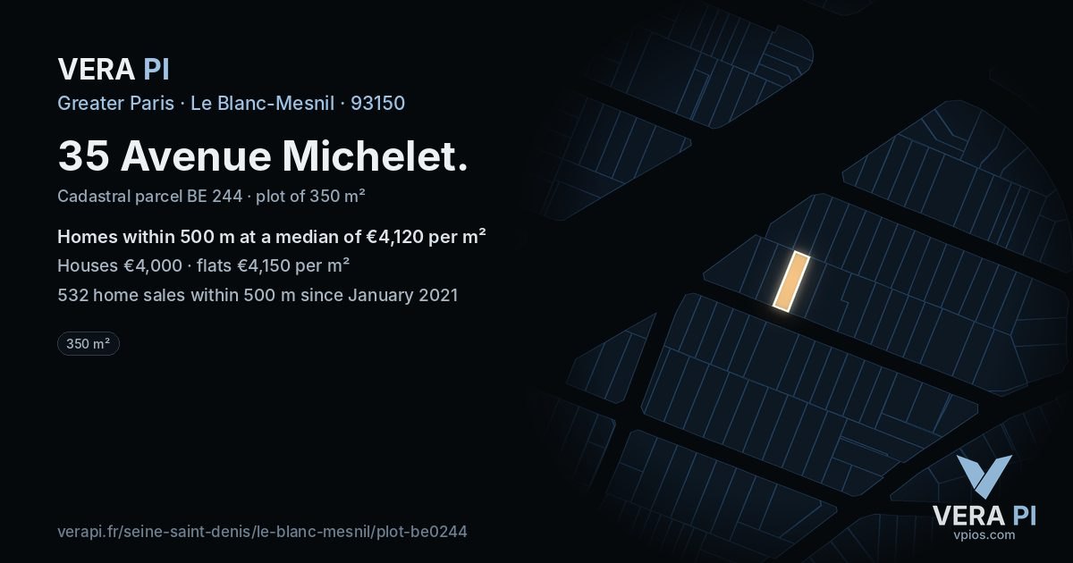 35 Avenue Michelet, Le Blanc-Mesnil at night – the plot lit, the parcels around coloured by the prices near them