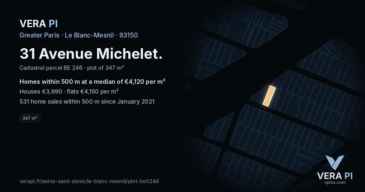 31 Avenue Michelet, Le Blanc-Mesnil at night – the plot lit, the parcels around coloured by the prices near them