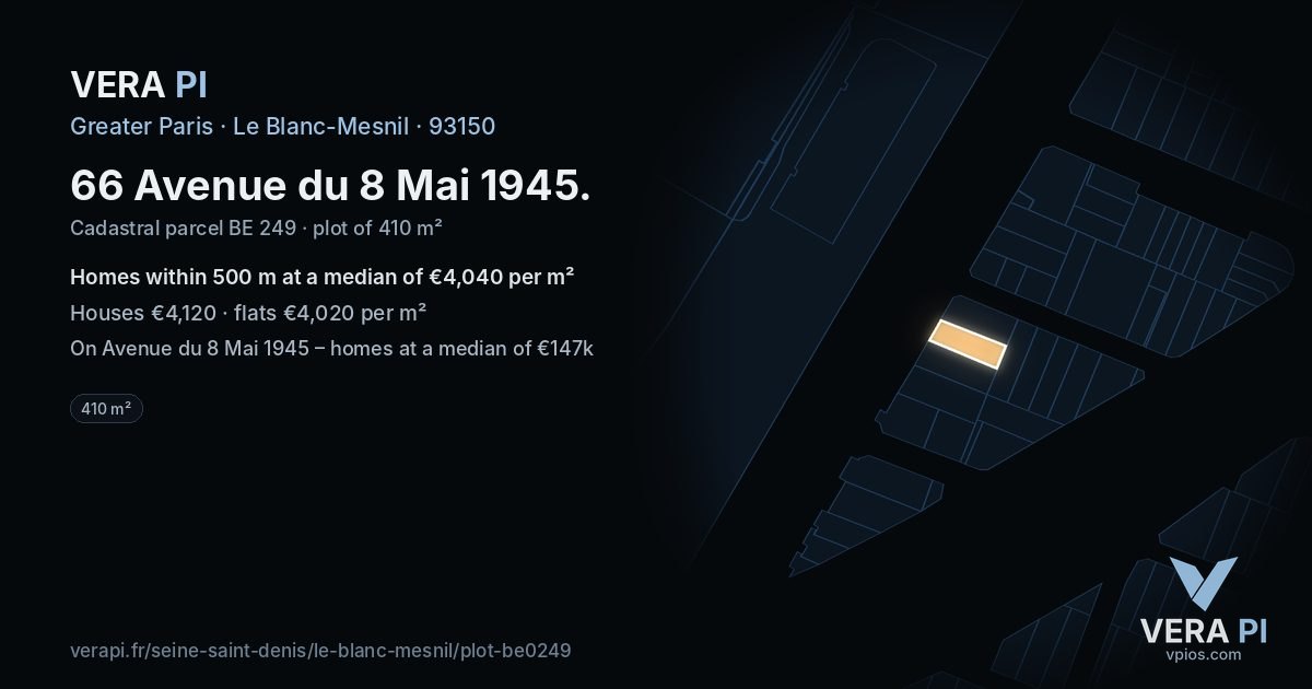 66 Avenue du 8 Mai 1945, Le Blanc-Mesnil at night – the plot lit, the parcels around coloured by the prices near them