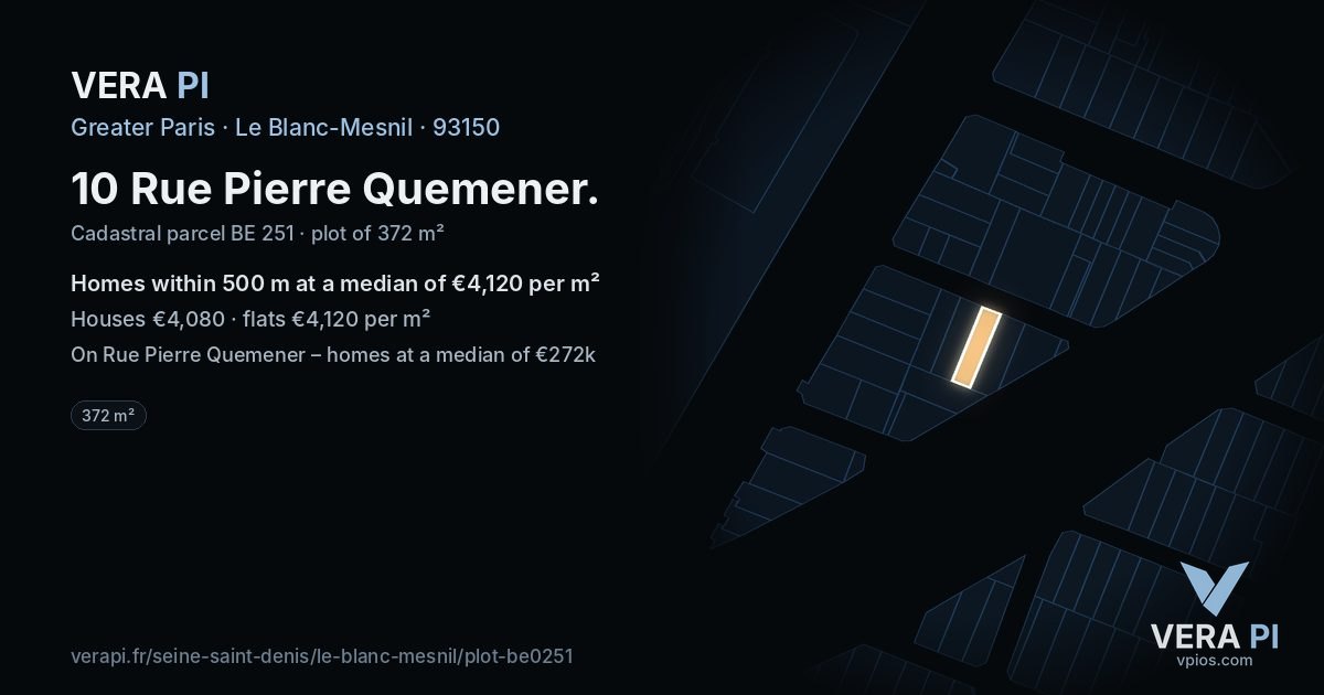 10 Rue Pierre Quemener, Le Blanc-Mesnil at night – the plot lit, the parcels around coloured by the prices near them