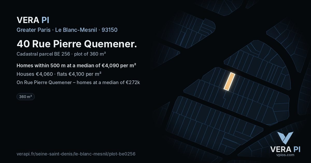40 Rue Pierre Quemener, Le Blanc-Mesnil at night – the plot lit, the parcels around coloured by the prices near them