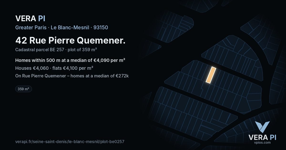 42 Rue Pierre Quemener, Le Blanc-Mesnil at night – the plot lit, the parcels around coloured by the prices near them