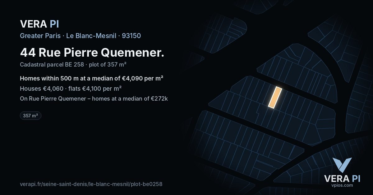 44 Rue Pierre Quemener, Le Blanc-Mesnil at night – the plot lit, the parcels around coloured by the prices near them