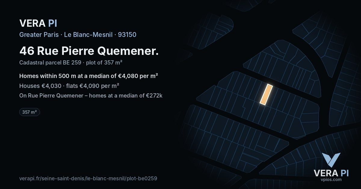 46 Rue Pierre Quemener, Le Blanc-Mesnil at night – the plot lit, the parcels around coloured by the prices near them
