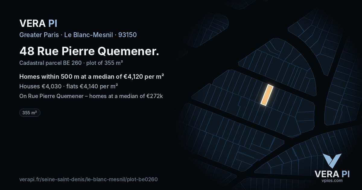 48 Rue Pierre Quemener, Le Blanc-Mesnil at night – the plot lit, the parcels around coloured by the prices near them