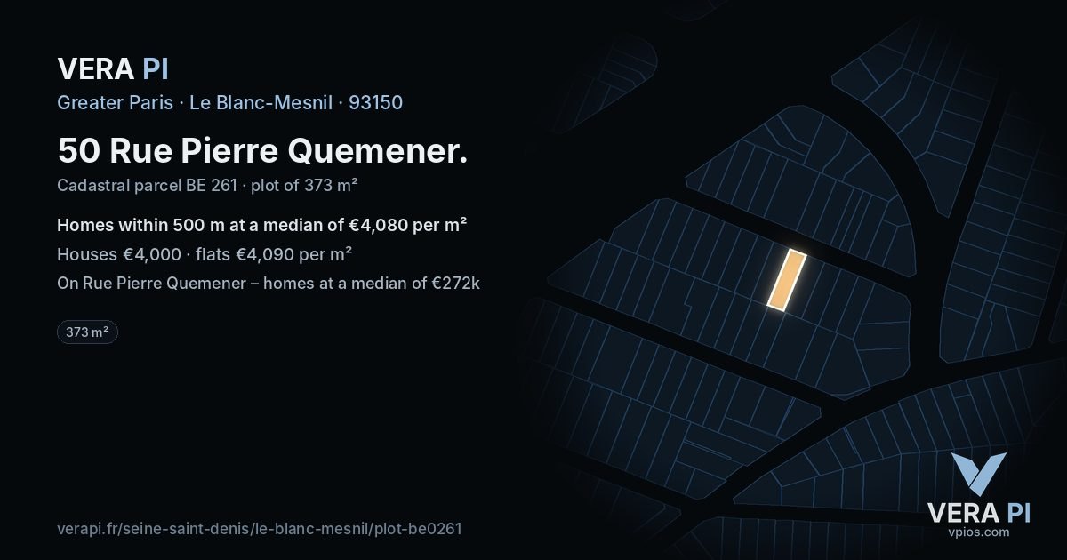 50 Rue Pierre Quemener, Le Blanc-Mesnil at night – the plot lit, the parcels around coloured by the prices near them