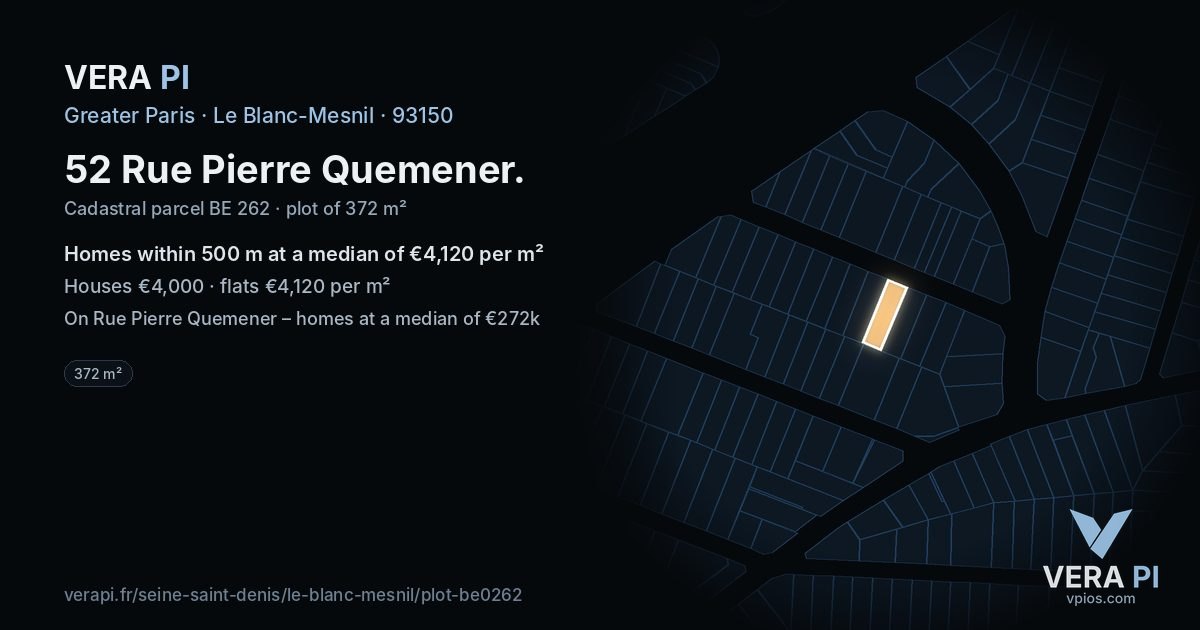 52 Rue Pierre Quemener, Le Blanc-Mesnil at night – the plot lit, the parcels around coloured by the prices near them