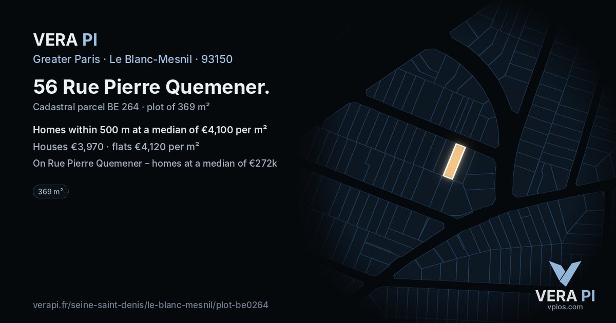 56 Rue Pierre Quemener, Le Blanc-Mesnil at night – the plot lit, the parcels around coloured by the prices near them