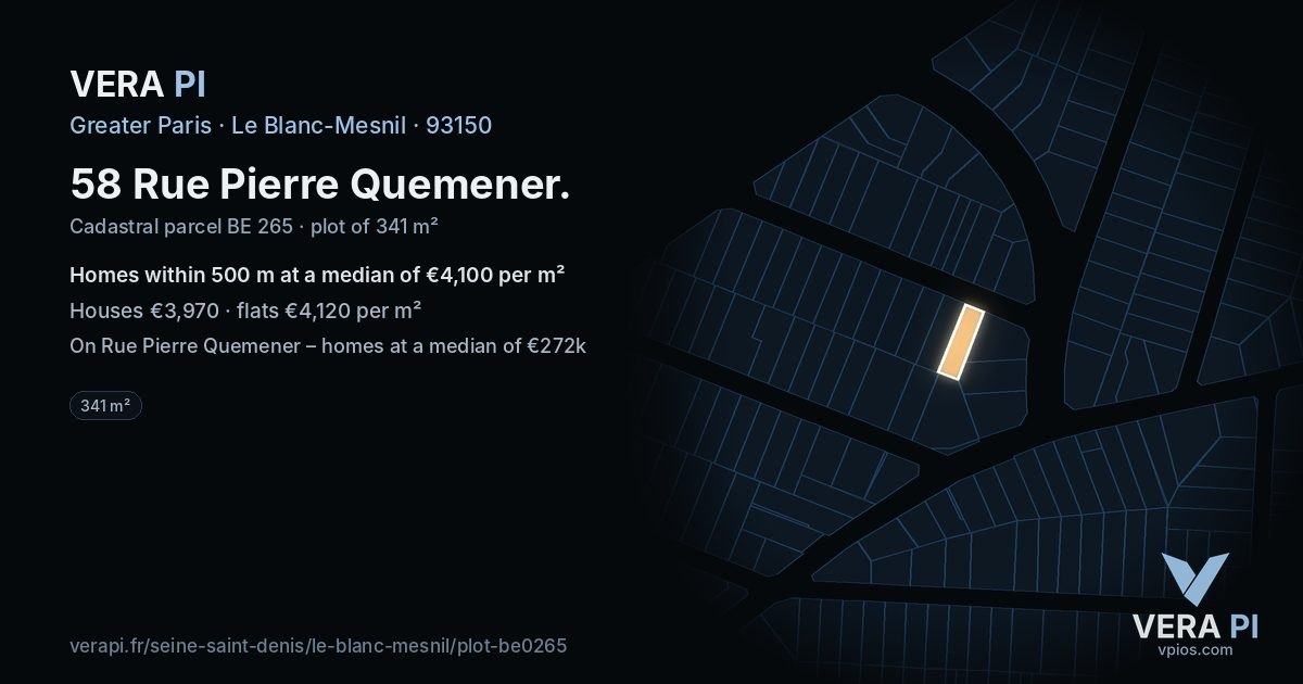 58 Rue Pierre Quemener, Le Blanc-Mesnil at night – the plot lit, the parcels around coloured by the prices near them