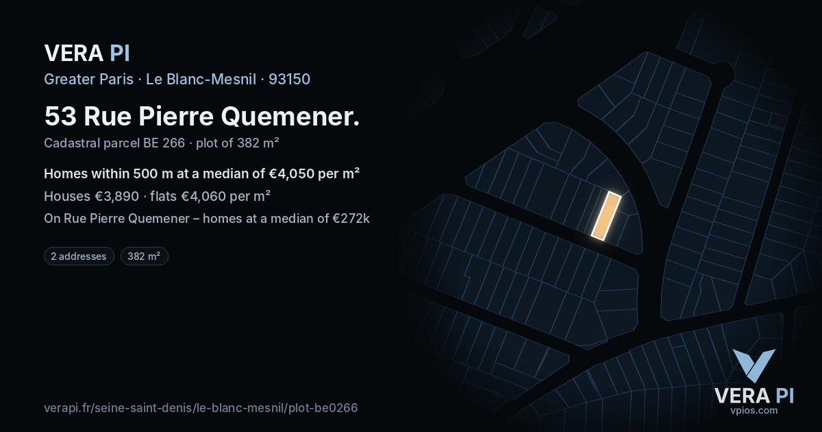 53 Rue Pierre Quemener, Le Blanc-Mesnil at night – the plot lit, the parcels around coloured by the prices near them