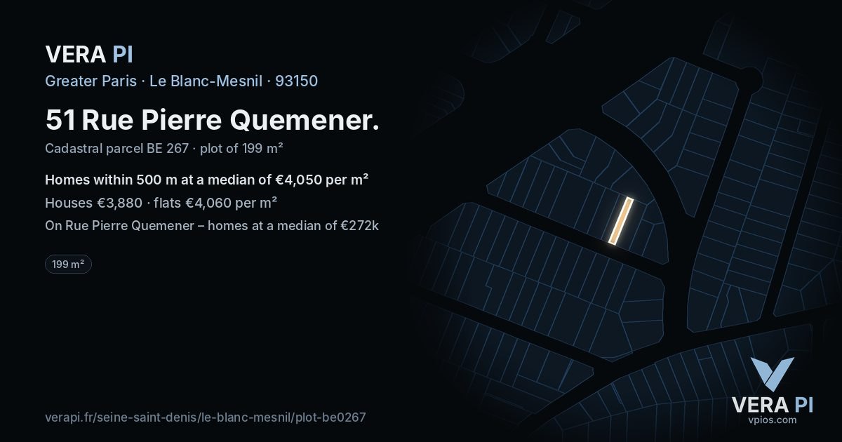 51 Rue Pierre Quemener, Le Blanc-Mesnil at night – the plot lit, the parcels around coloured by the prices near them