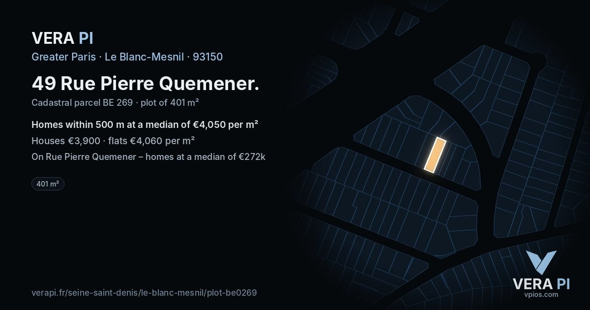 49 Rue Pierre Quemener, Le Blanc-Mesnil at night – the plot lit, the parcels around coloured by the prices near them