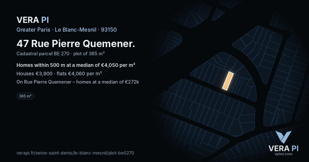 47 Rue Pierre Quemener, Le Blanc-Mesnil at night – the plot lit, the parcels around coloured by the prices near them