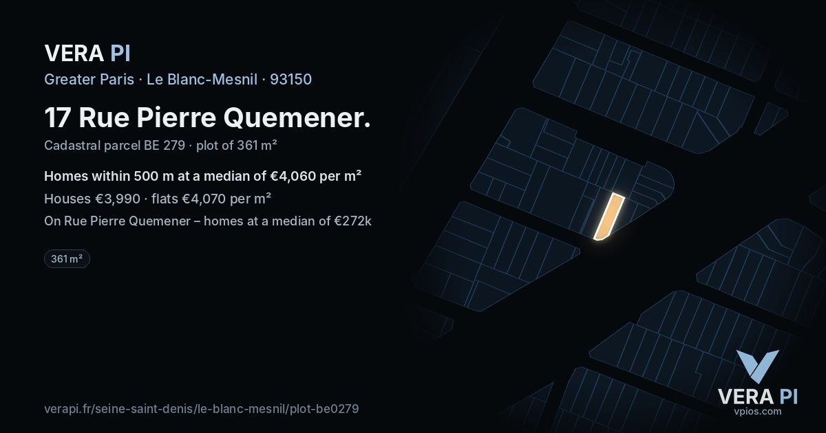 17 Rue Pierre Quemener, Le Blanc-Mesnil at night – the plot lit, the parcels around coloured by the prices near them