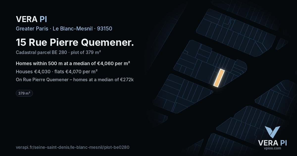 15 Rue Pierre Quemener, Le Blanc-Mesnil at night – the plot lit, the parcels around coloured by the prices near them