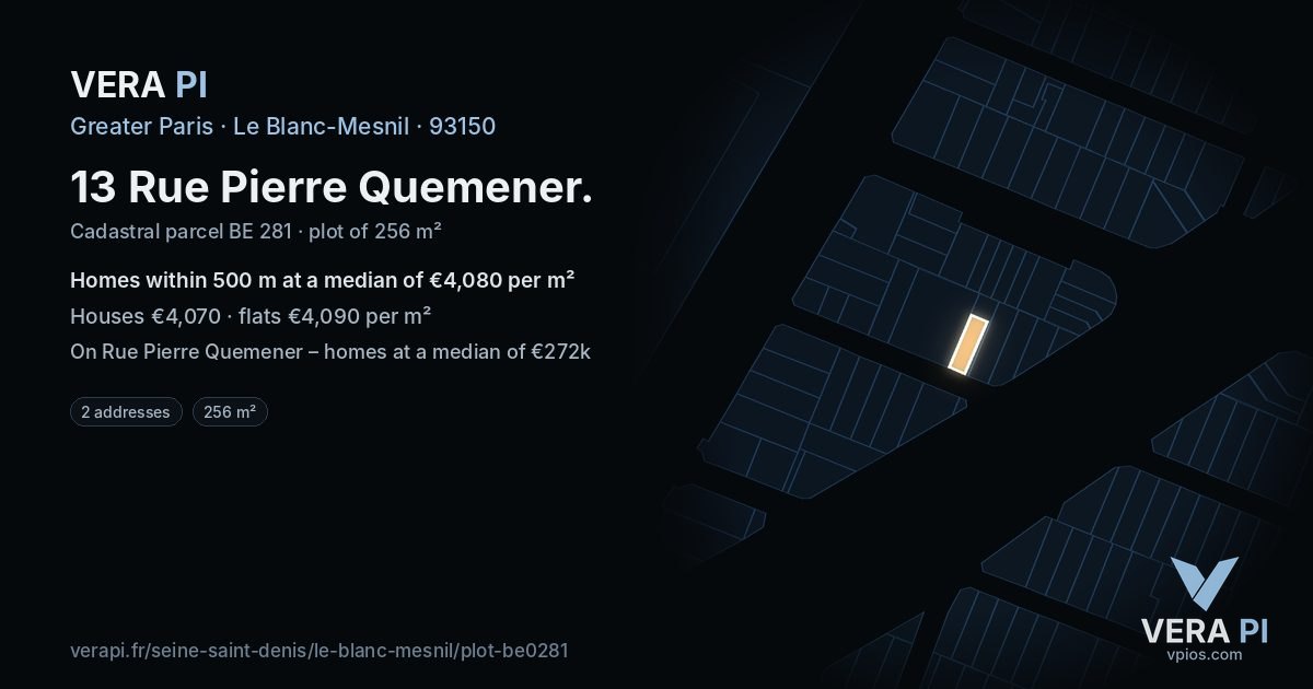 13 Rue Pierre Quemener, Le Blanc-Mesnil at night – the plot lit, the parcels around coloured by the prices near them
