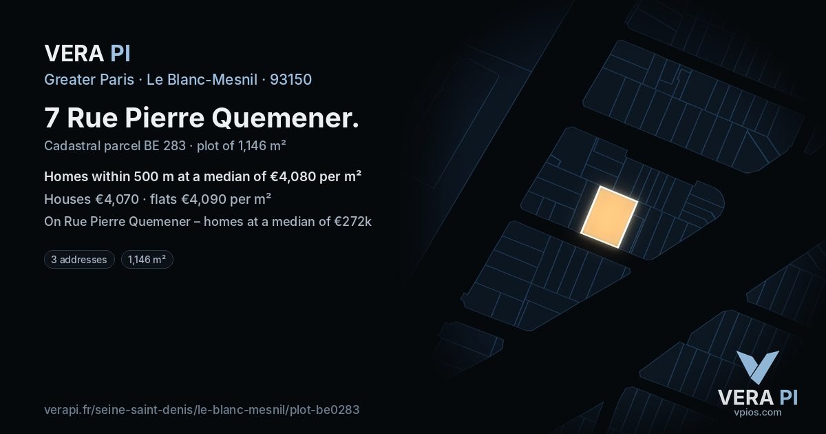7 Rue Pierre Quemener, Le Blanc-Mesnil at night – the plot lit, the parcels around coloured by the prices near them