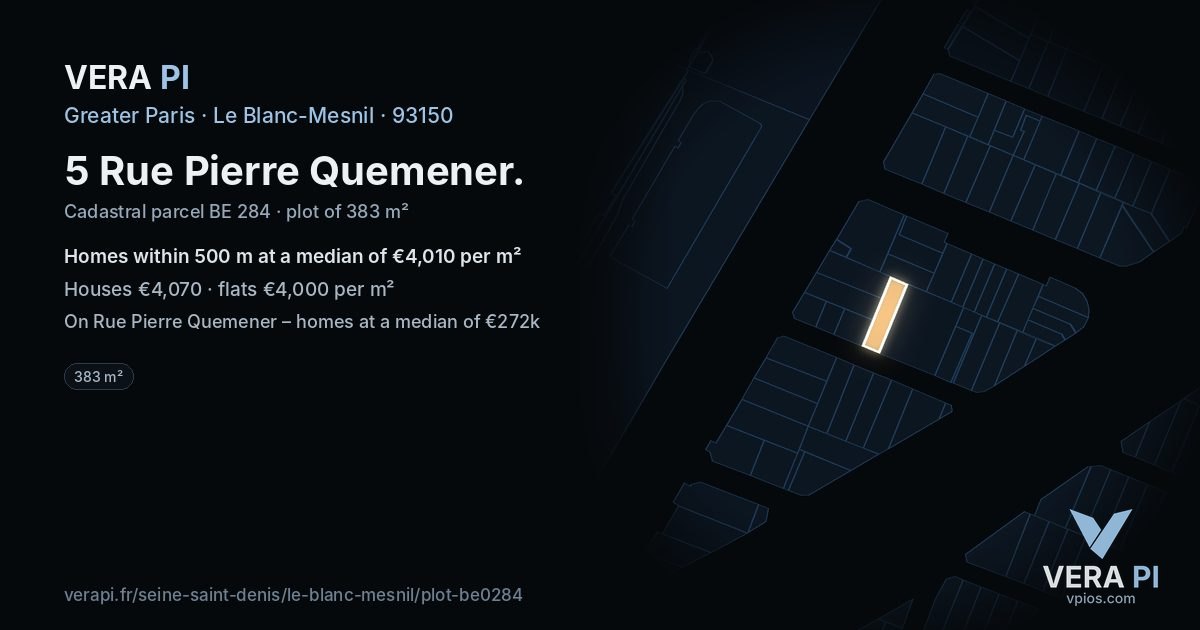 5 Rue Pierre Quemener, Le Blanc-Mesnil at night – the plot lit, the parcels around coloured by the prices near them