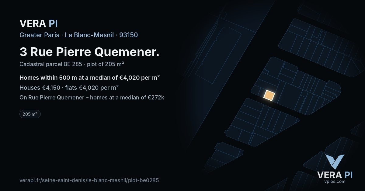 3 Rue Pierre Quemener, Le Blanc-Mesnil at night – the plot lit, the parcels around coloured by the prices near them