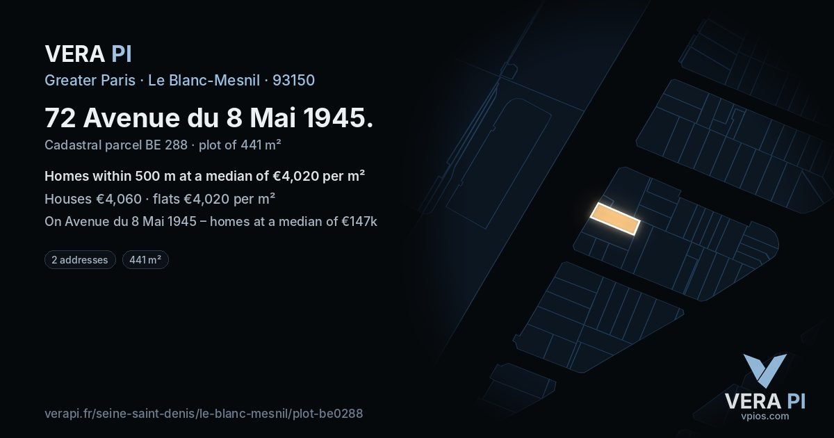 72 Avenue du 8 Mai 1945, Le Blanc-Mesnil at night – the plot lit, the parcels around coloured by the prices near them