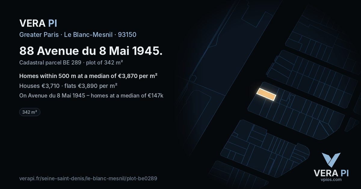88 Avenue du 8 Mai 1945, Le Blanc-Mesnil at night – the plot lit, the parcels around coloured by the prices near them