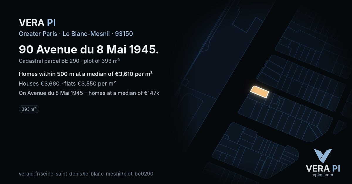 90 Avenue du 8 Mai 1945, Le Blanc-Mesnil at night – the plot lit, the parcels around coloured by the prices near them