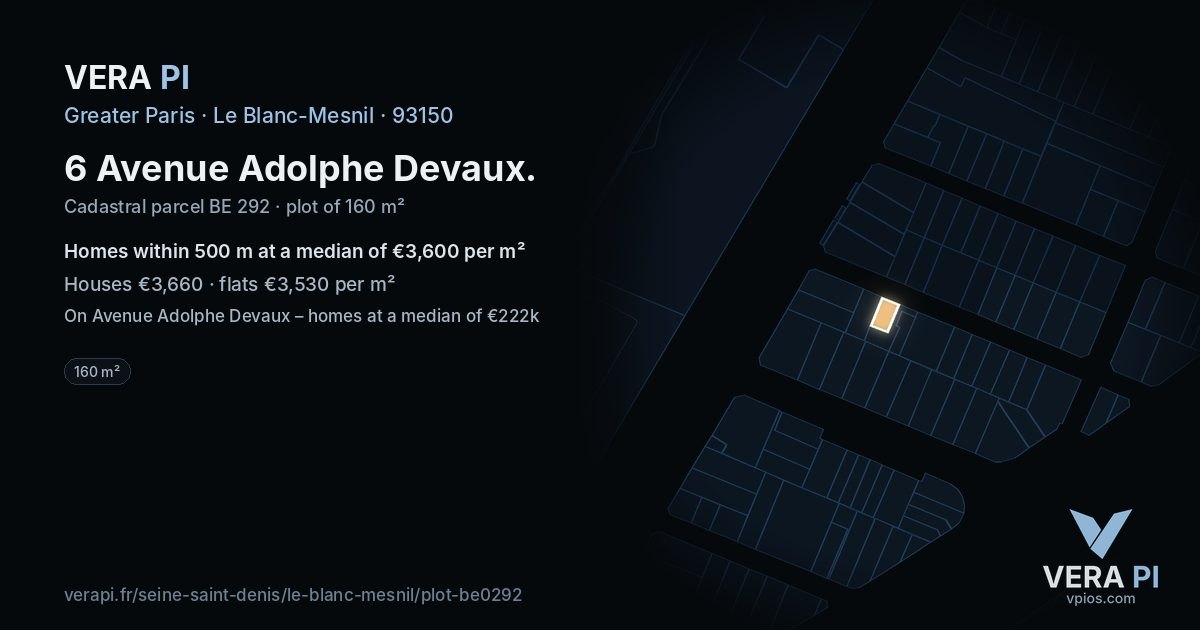 6 Avenue Adolphe Devaux, Le Blanc-Mesnil at night – the plot lit, the parcels around coloured by the prices near them