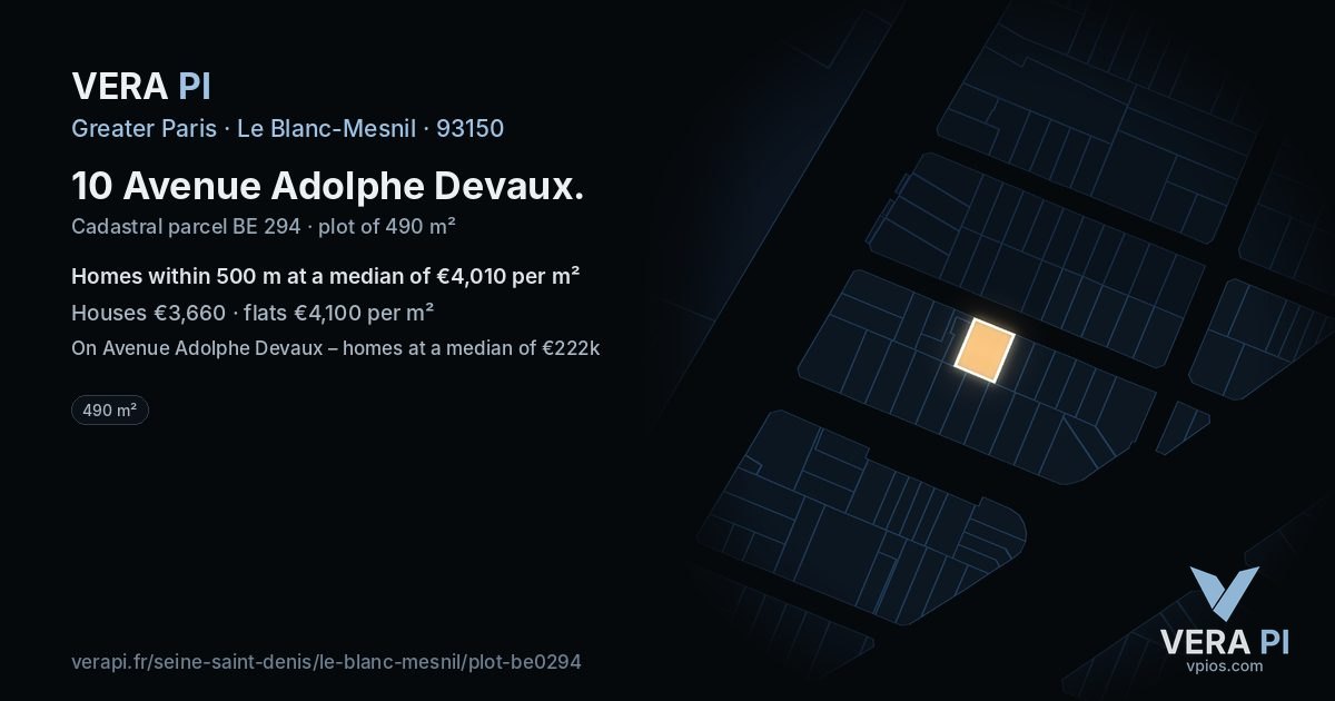 10 Avenue Adolphe Devaux, Le Blanc-Mesnil at night – the plot lit, the parcels around coloured by the prices near them