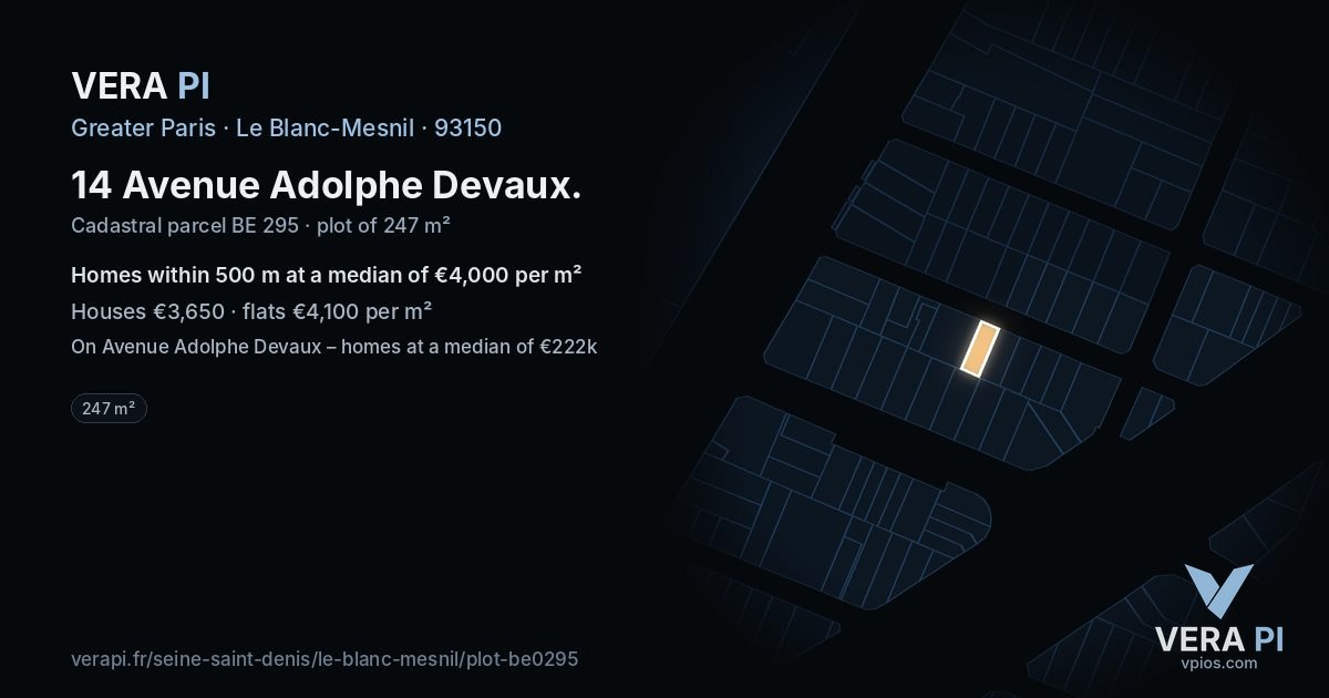 14 Avenue Adolphe Devaux, Le Blanc-Mesnil at night – the plot lit, the parcels around coloured by the prices near them