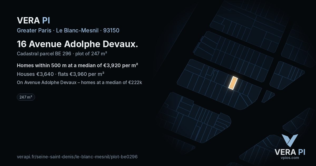 16 Avenue Adolphe Devaux, Le Blanc-Mesnil at night – the plot lit, the parcels around coloured by the prices near them