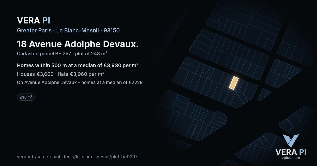 18 Avenue Adolphe Devaux, Le Blanc-Mesnil at night – the plot lit, the parcels around coloured by the prices near them
