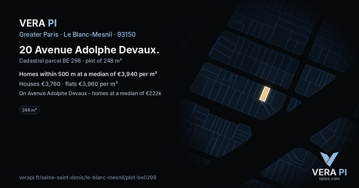 20 Avenue Adolphe Devaux, Le Blanc-Mesnil at night – the plot lit, the parcels around coloured by the prices near them